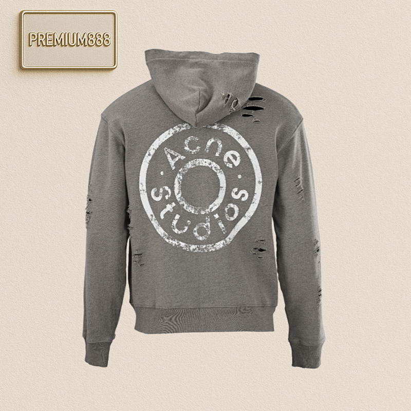 Acne Studios Distressed Printed Perforated Zipper Hooded Sweatshirt Jacket