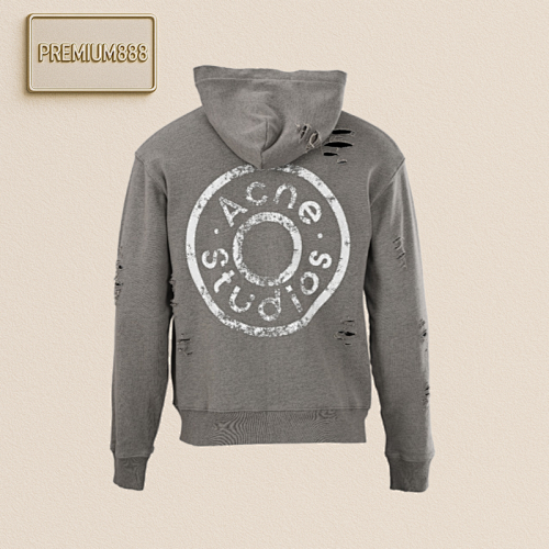 Acne Studios Distressed Printed Perforated Zipper Hooded Sweatshirt Jacket