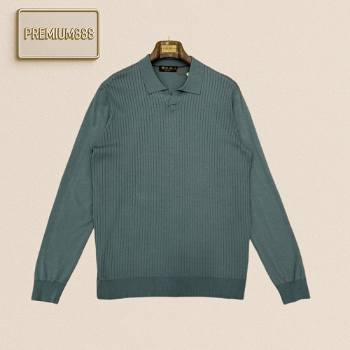 Loro Piana Norio Piani Vertical Ribbed V-neck Polo Knit Shirt