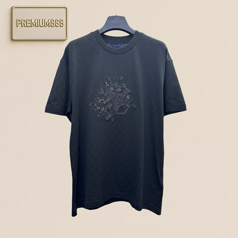 Louis Black Flowered Bouquet Embroidery Pocket Round-neck Short-sleeved T-shirt