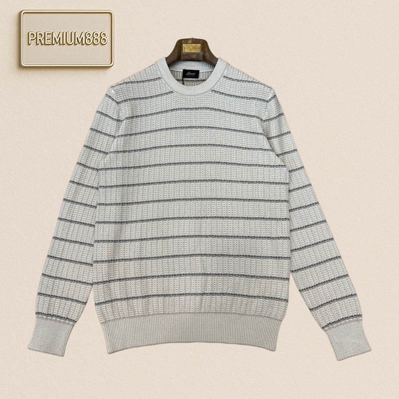 Brioni Briooni Cotton-Linen Blended Striped Round-neck Knit Shirt