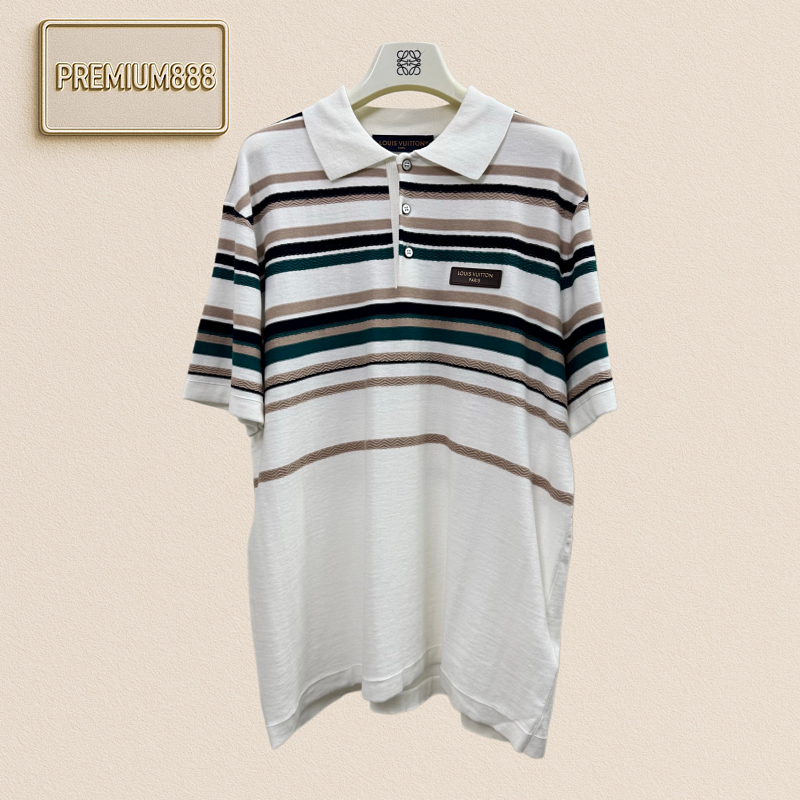 1v Louis Leather Label Striped Contrast-color Polo Shirt Short-sleeve