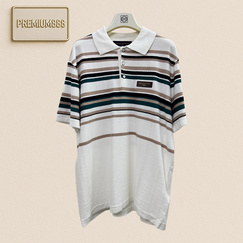 1v Louis Leather Label Striped Contrast-color Polo Shirt Short-sleeve