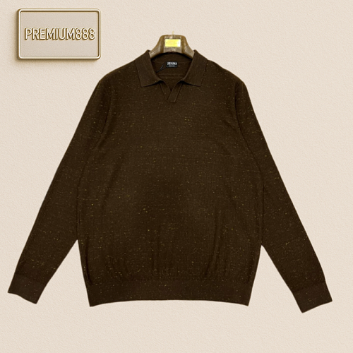 Zegna Jenia Flowy V-neck Polo Casual Long-Sleeved Knit Shirt