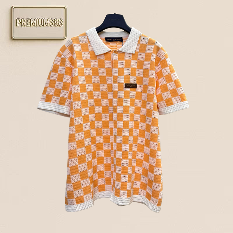 1v Louis Checkered Multi-color Open-weave Knitted Polo Collar Short-sleeve Shirt