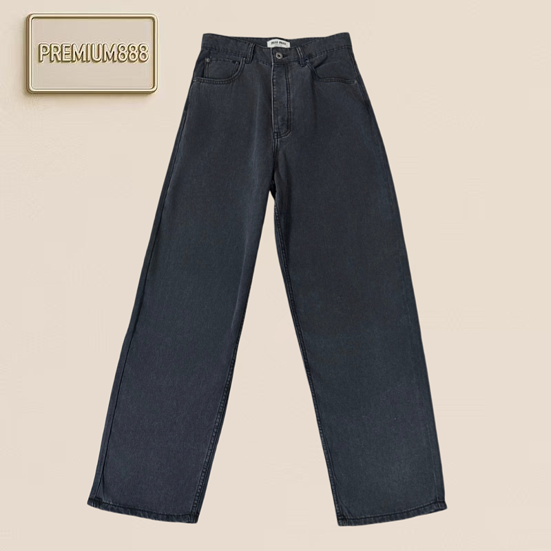 Miu White Embroidered Grey Denim Pants