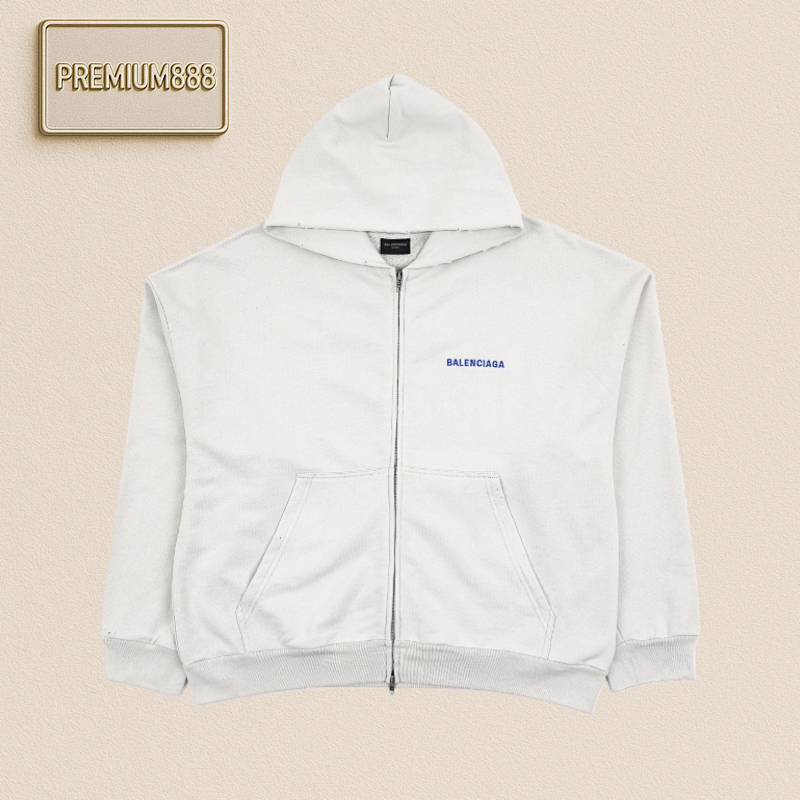 Balenciaga 25 Embroidered Blue Letter Zipper Hooded Sweatshirt