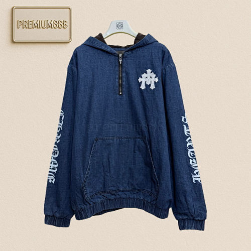 Chrome Hearts CH Crochet Half-zipper Leather Color-blocking Denim Jacket