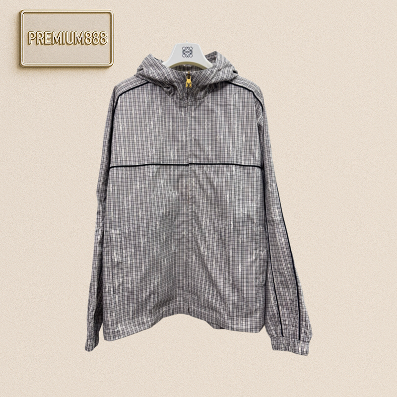1v Louis Dark Patterned Jacquard Plaid Hooded Windproof Jacket Coat