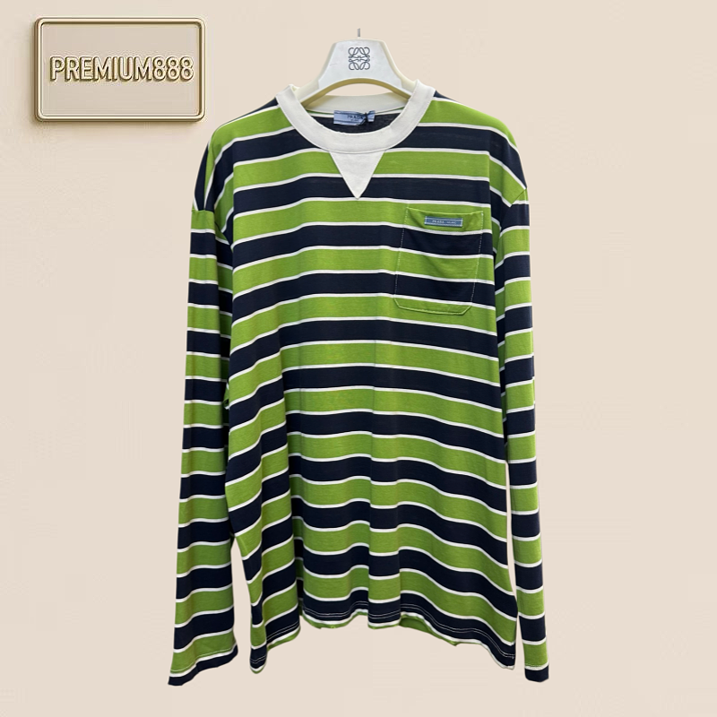 Pra - Green-striped Pocketed Loose-shouldered Long-sleeved Shirt