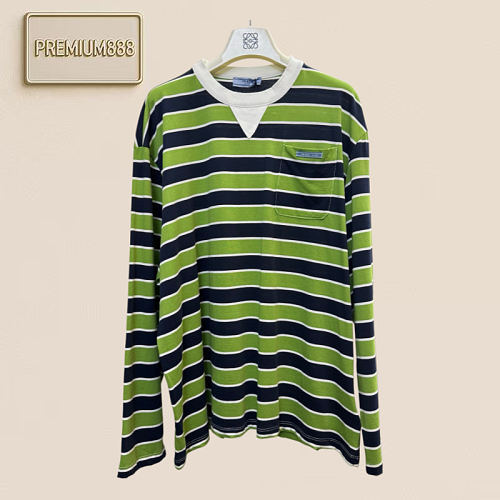 Pra - Green-striped Pocketed Loose-shouldered Long-sleeved Shirt