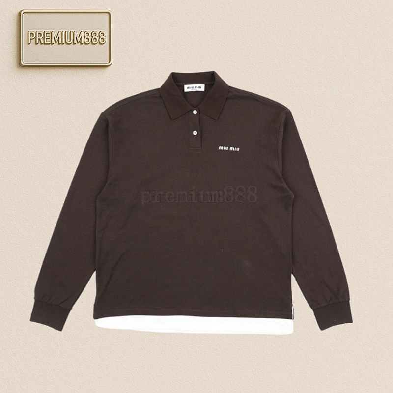 Mi Umi U Fake Two-piece Polo Long Sleeves Coffee Color