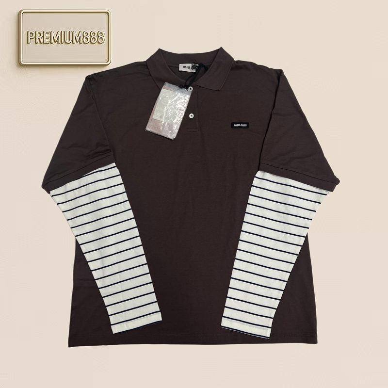 Miumiu Coffee-colored Striped Polo Long-Sleeve
