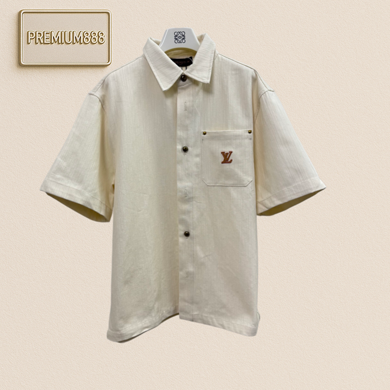 1v Louis Pocket Leather Label Embroidered Denim Short-Sleeved Shirt