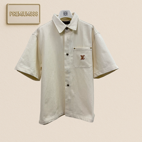 1v Louis Pocket Leather Label Embroidered Denim Short-Sleeved Shirt
