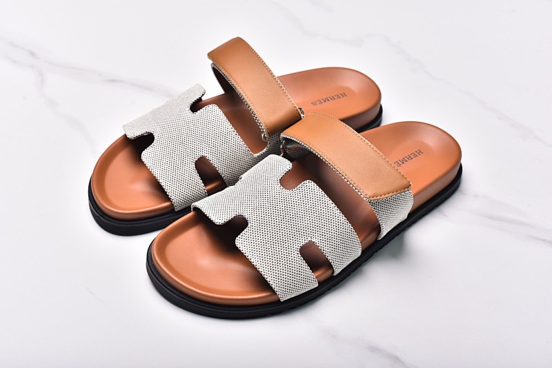 Hermès Hermes Chypre Flat Slippers Classic Grey Coffee On Canvas