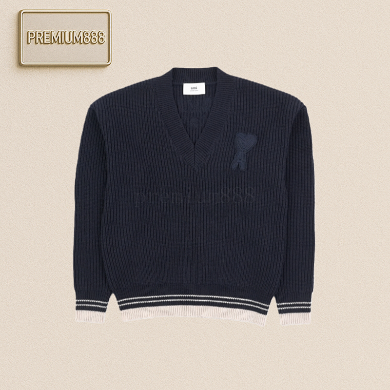 Ami Heart-shaped Text Logo Knitted Striped V-neck Sweater