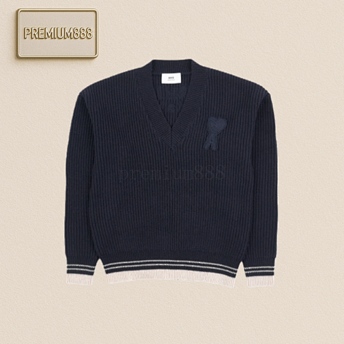 Ami Heart-shaped Text Logo Knitted Striped V-neck Sweater