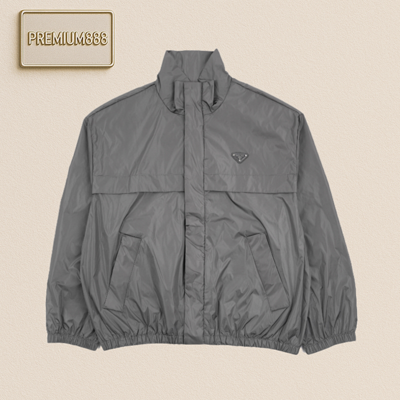 Prada Grey Triangular Logo Light Stand-up Collar Jacket