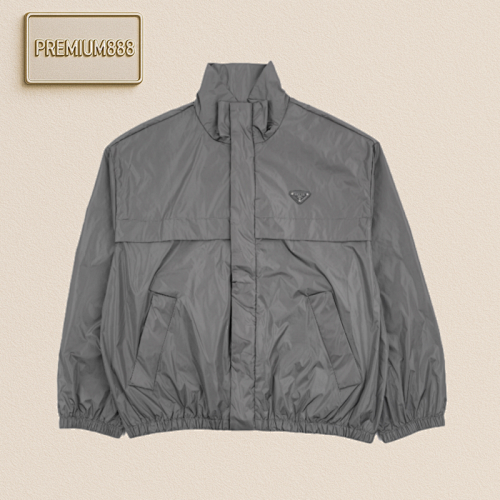 Prada Grey Triangular Logo Light Stand-up Collar Jacket