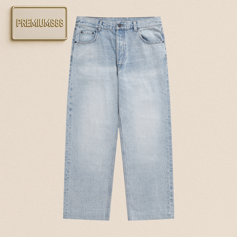 Celine Light Blue Washed Marble Pattern Loose Straight Denim Pants