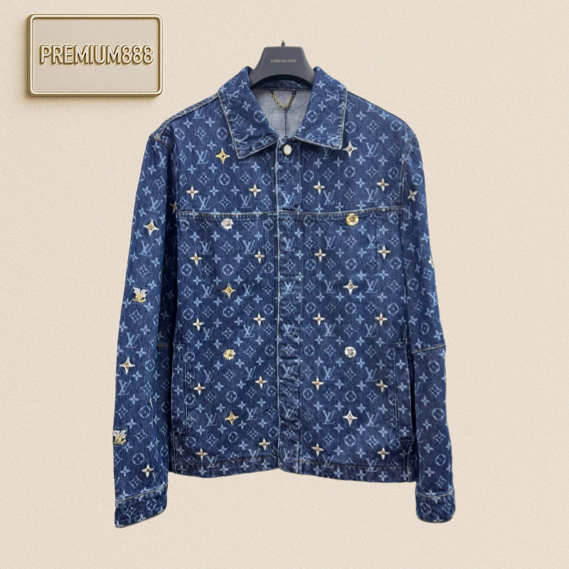 1v Louis Lettered Jacquard Peony Embroidered Full-Print Denim Jacket