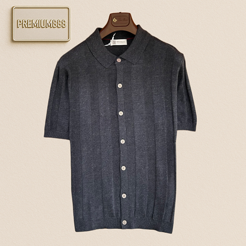 Brunello Cucinelli - Brunello Vertical Stripes Knit Short Sleeve Shirt