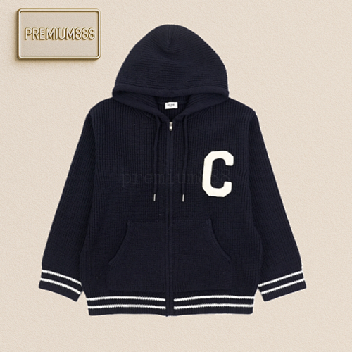 Celine Plush Hooded Jacket In Navy Blue