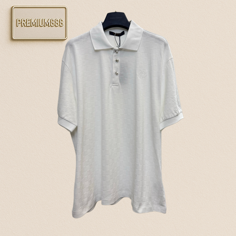 1v Cotton-linen Jacquard Embroidered Pearl-check Polo Shirt Short Sleeves