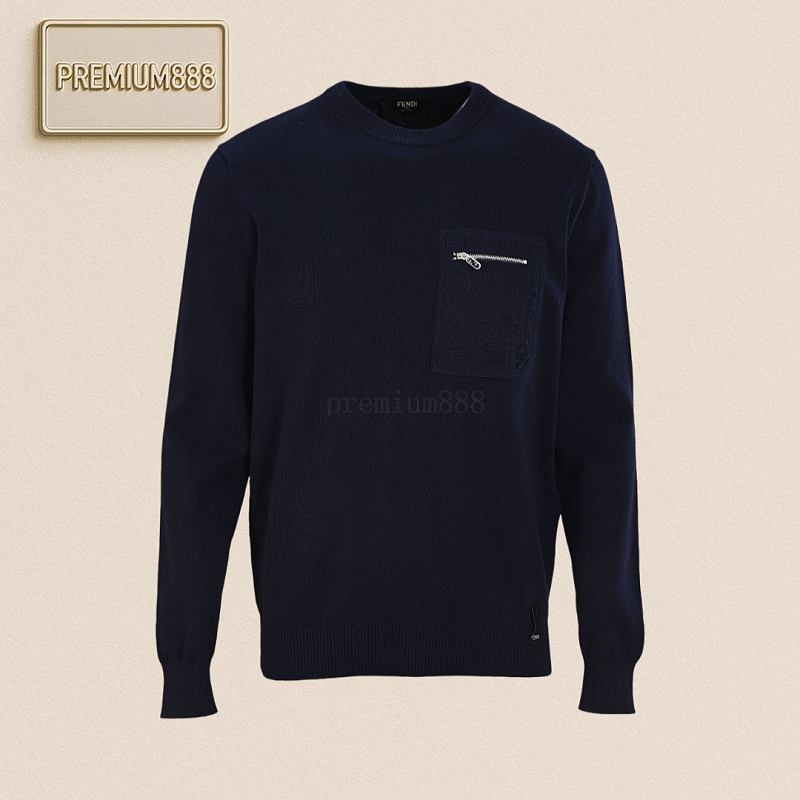Fendi FD Embossed Pocket Navy Crew Neck Sweater