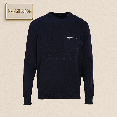 Fendi FD Embossed Pocket Navy Crew Neck Sweater