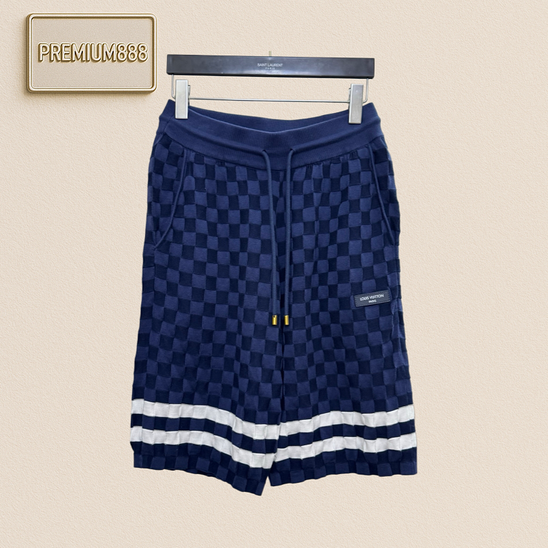 1v Louis Navy Blue Printed Checkered Knitted Plaid Shorts