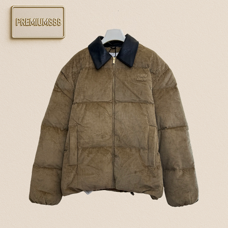 Miumiu Logo Applique Letter-embroidered Leather-collar Down Jacket