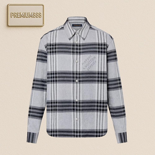L V Plaid Lapel Single-breasted Long-sleeved Shirt For Men Gray