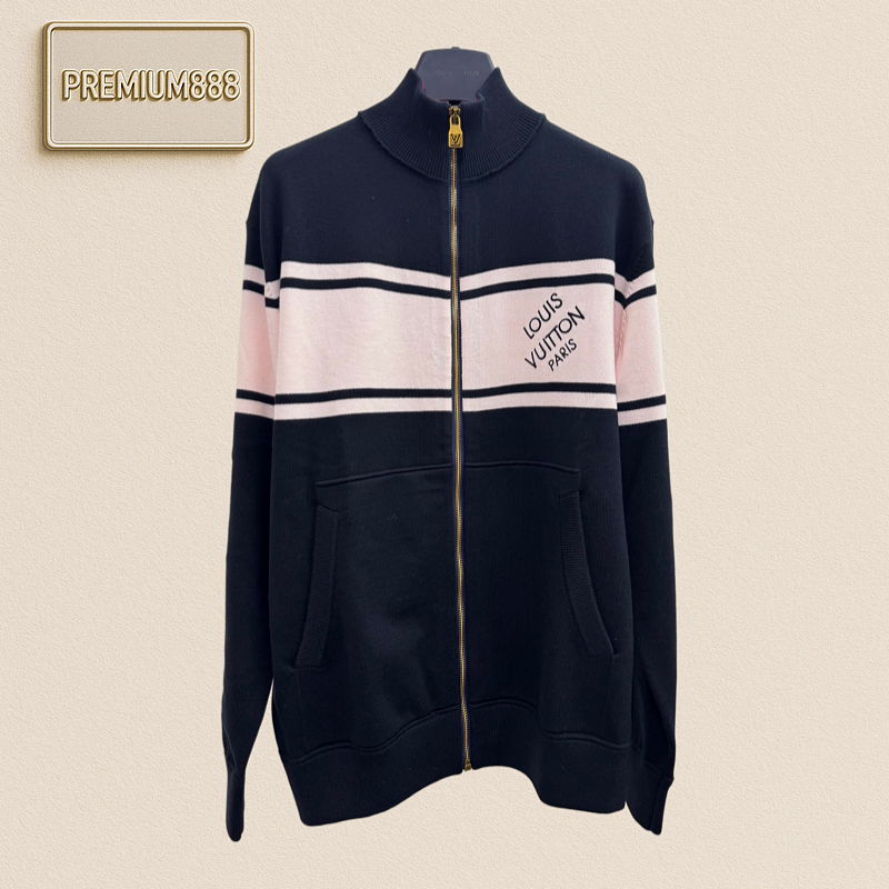 1v Louis Patterned Stripes Letter Embroidery Knit With Zipper Jacket