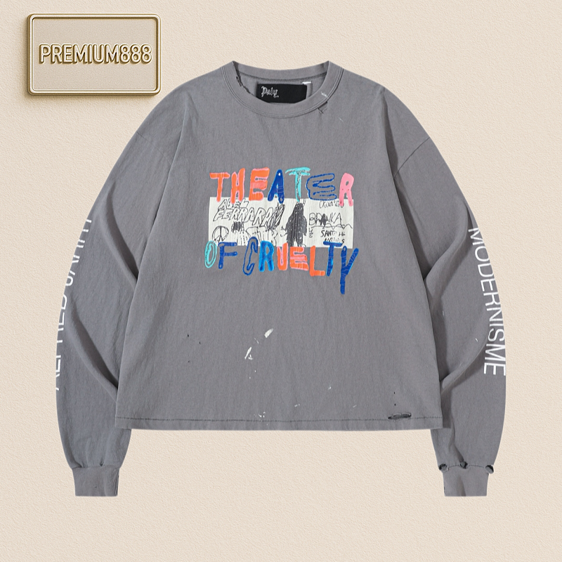 PalyHollywood Washed Damaged Cracked Printed Long-Sleeved T-Shirt