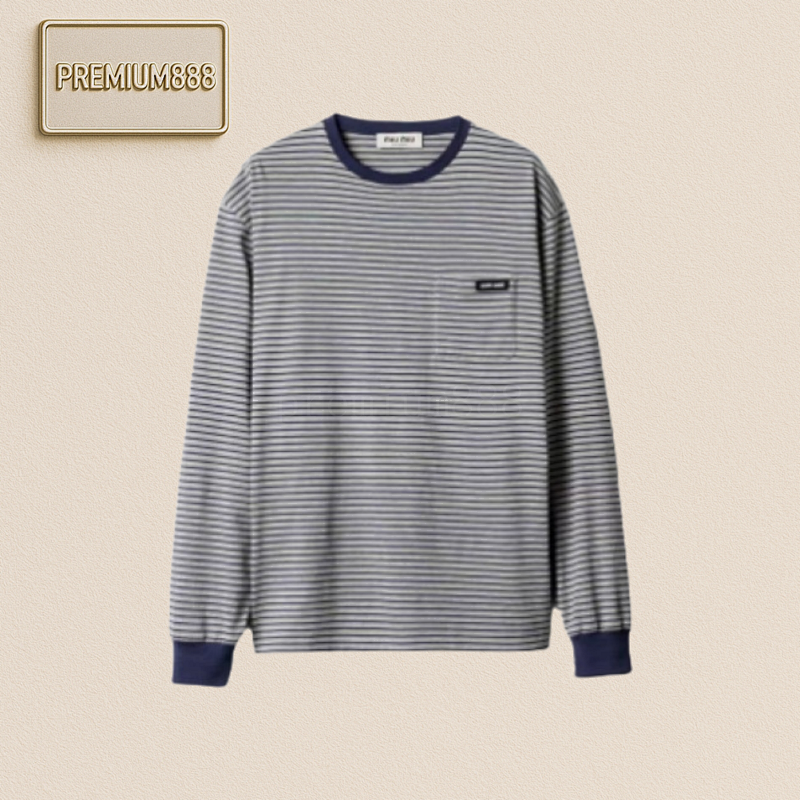 Miu Gray-blue Striped Round-neck Long-sleeved Shirt