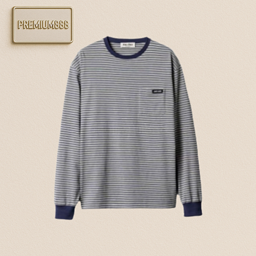 Miu Gray-blue Striped Round-neck Long-sleeved Shirt