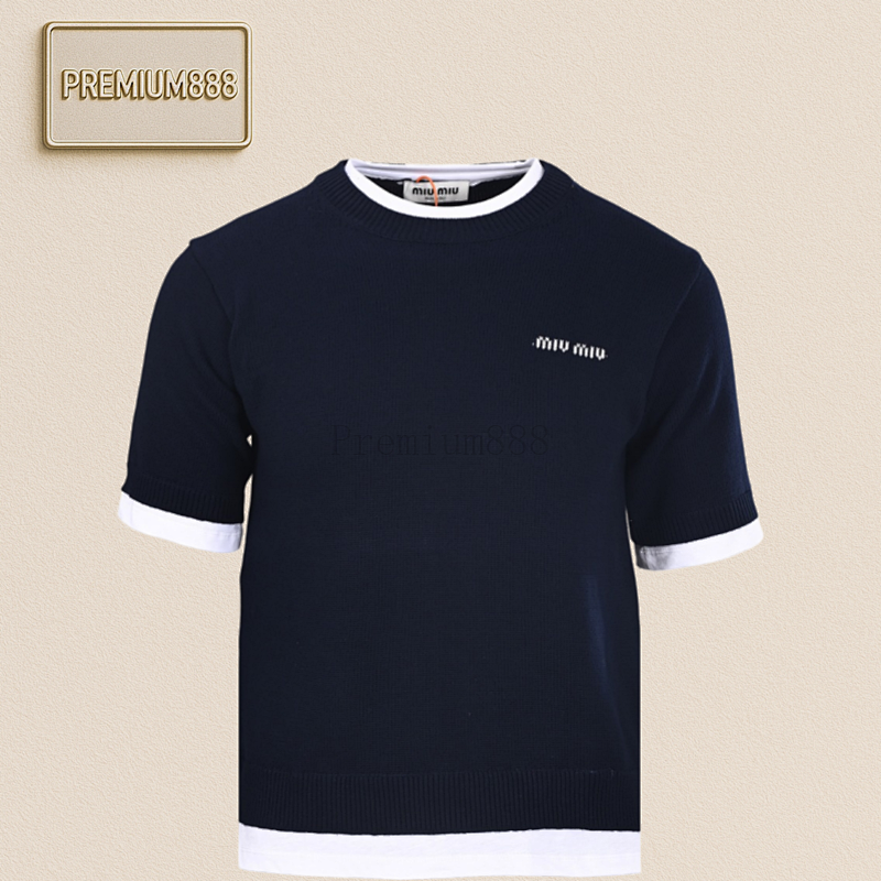Miu MM Knitted Fake Leather Two-Piece Patched Short-Sleeve T-Shirt