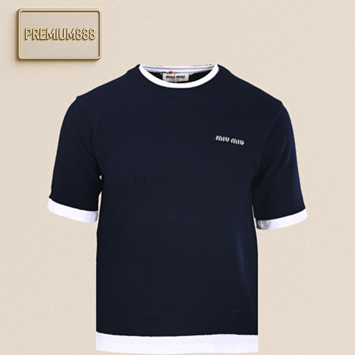 Miu MM Knitted Fake Leather Two-Piece Patched Short-Sleeve T-Shirt