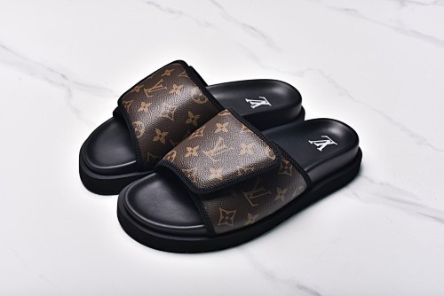 Louis Vuitton Miami Mules Velcro Leather Slippers Men's Brown