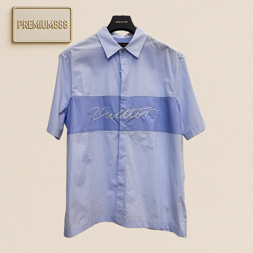 1v Louis Logo Signature Embroidered Fine-check Shirt Short-sleeve