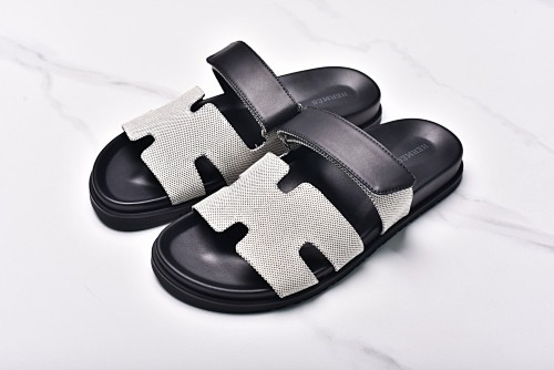 Hermès Hermes Chypre Flat Slippers Classic Grey Black On Canvas