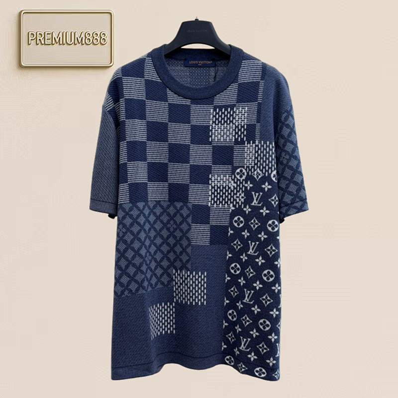 Louis Checkerboard Striped Knit Round-neck Short Sleeve Shirt