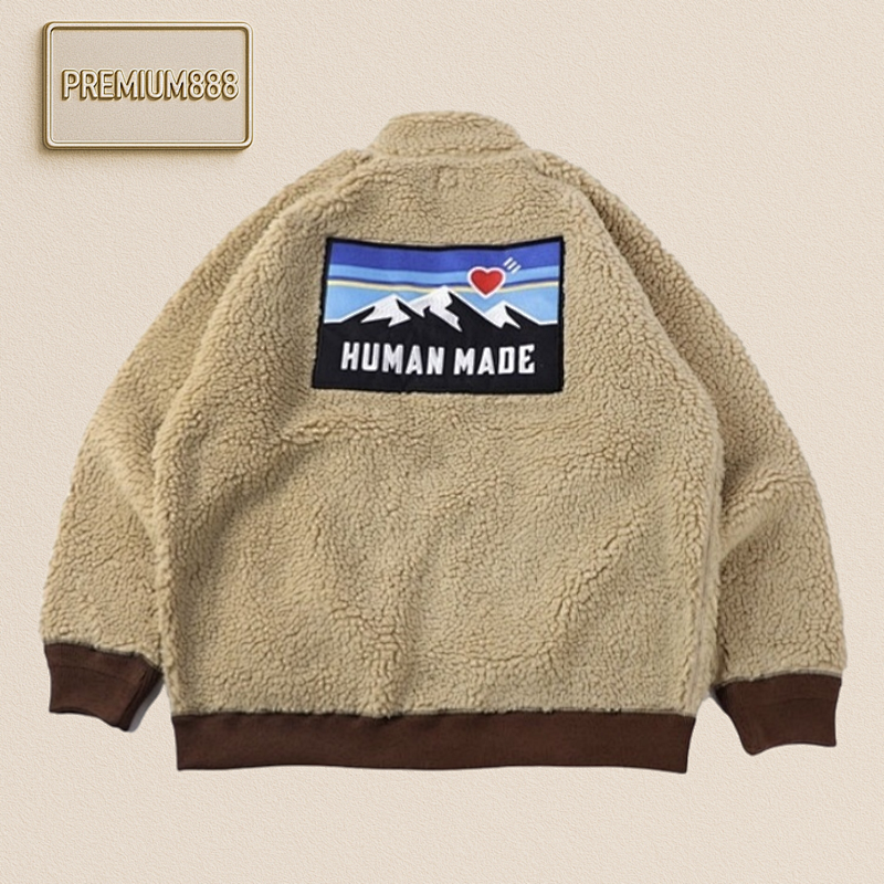 Bape HU Man MA DE Embroidered Snow Mountain Khaki Lamb Fur Jacket