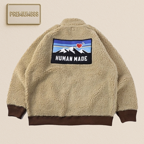Bape HU Man MA DE Embroidered Snow Mountain Khaki Lamb Fur Jacket