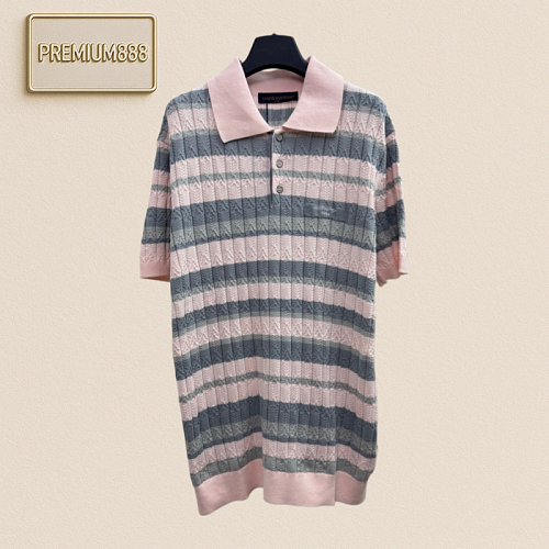 1v Louis Color-Matched Stripes Warp Knit Polo Short Sleeve Shirt