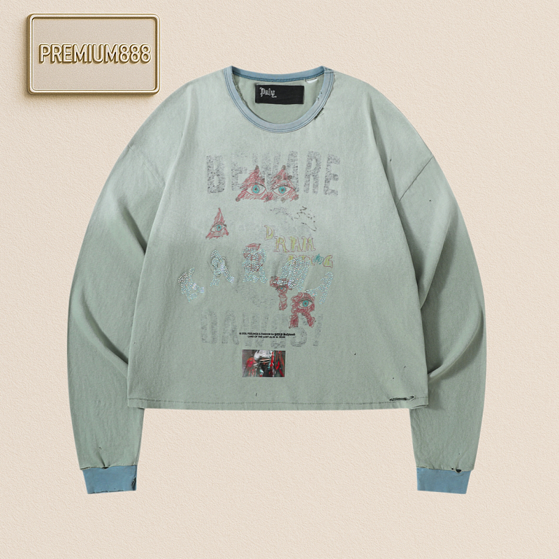 Paly Hollywood Mint Green Triangle Eye Beaded Washed Denim Long-Sleeve T-Shirt S-Xl In Sto
