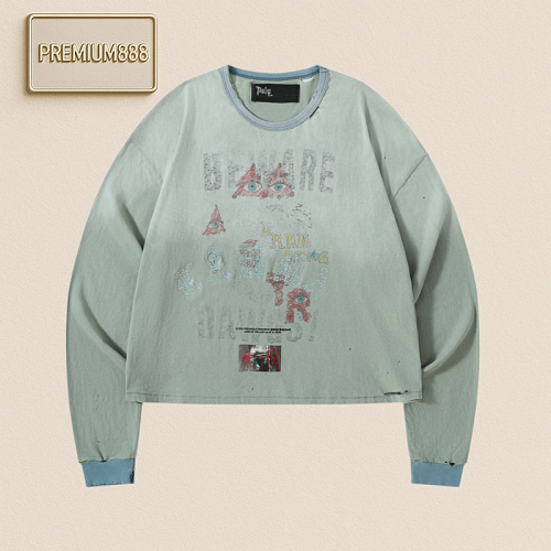 Paly Hollywood Mint Green Triangle Eye Beaded Washed Denim Long-Sleeve T-Shirt S-Xl In Sto