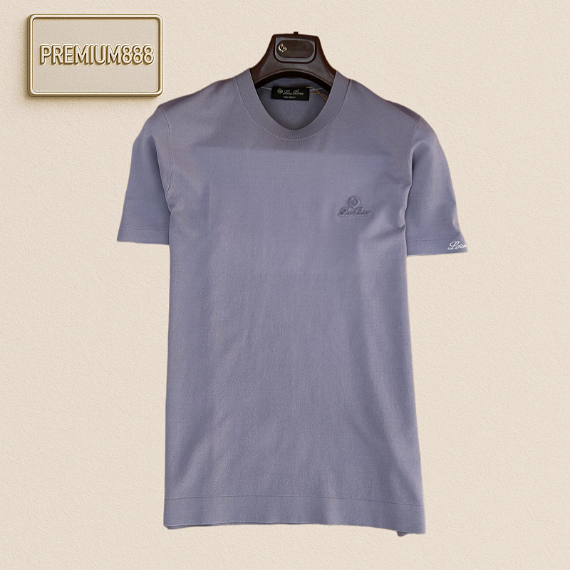 Loropiana Pure Color Embroidery Round-neck Short-sleeved T-shirt